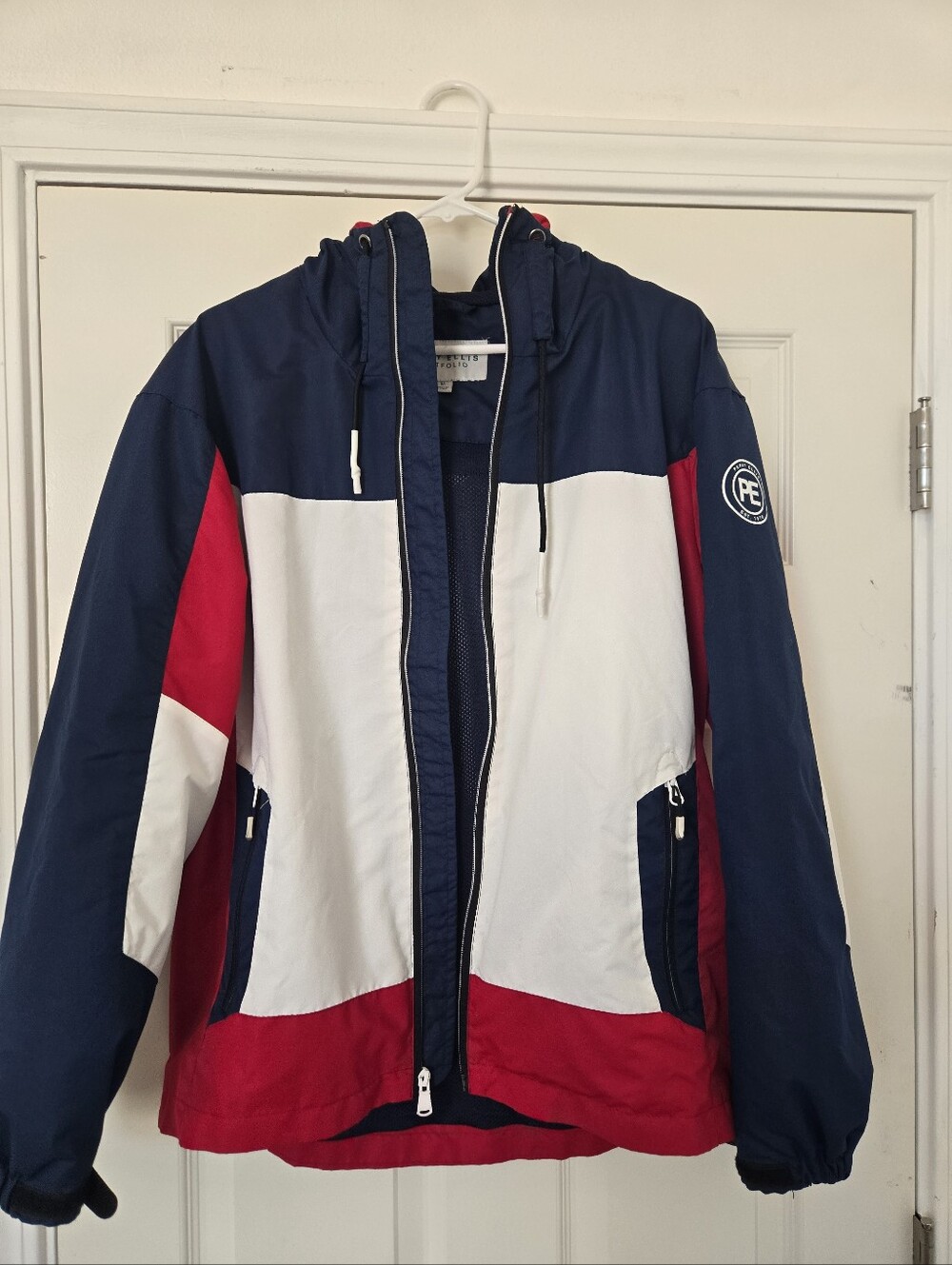 Perry Ellis Navy White Red Colorblock Hooded Windbreaker